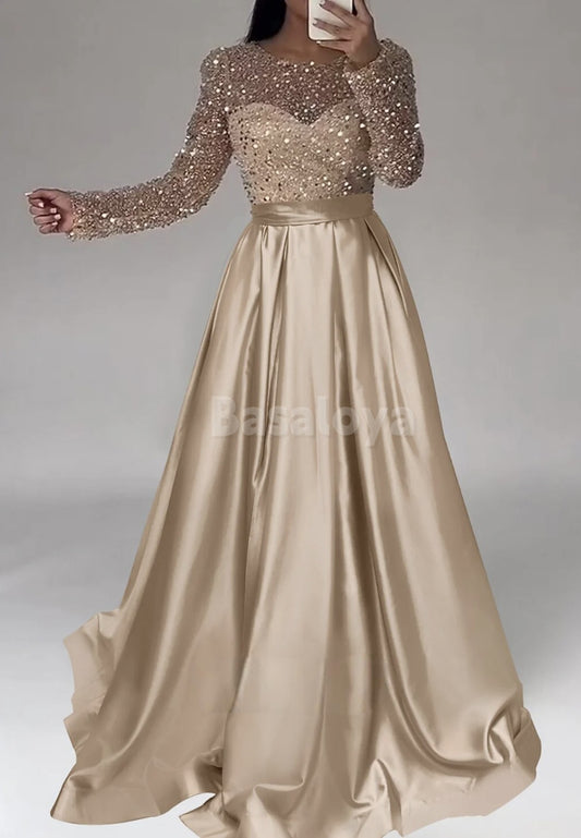 ED0082 Classic Long Sleeves Scoop Neck A-Line Evening Gown with Sequin