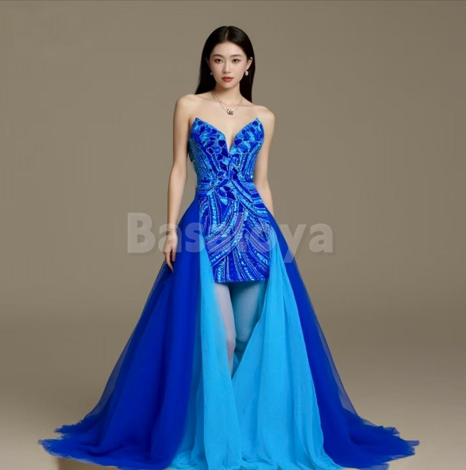 HM0045 Luxury Royal Blue V-Neck Bodycon Mini Sequin Party Gown with Train