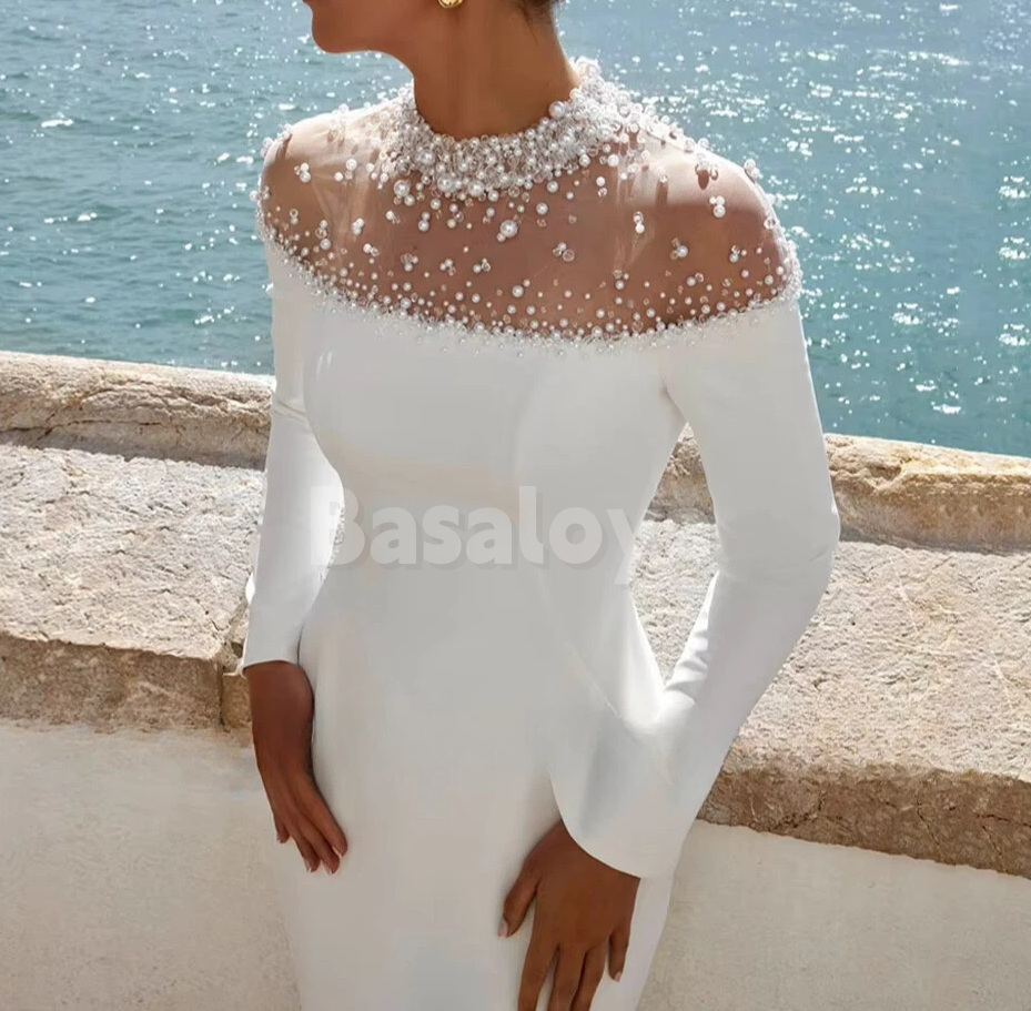 WD0109 Luxury Beaded White High Neck Long Sleeves Mermaid Wedding Gown