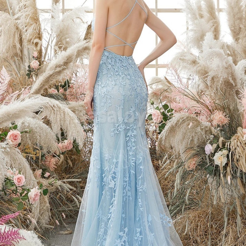 BM0001 Elegant Blue Spaghetti Straps Mermaid Lace Appliques Bridesmaid Dress