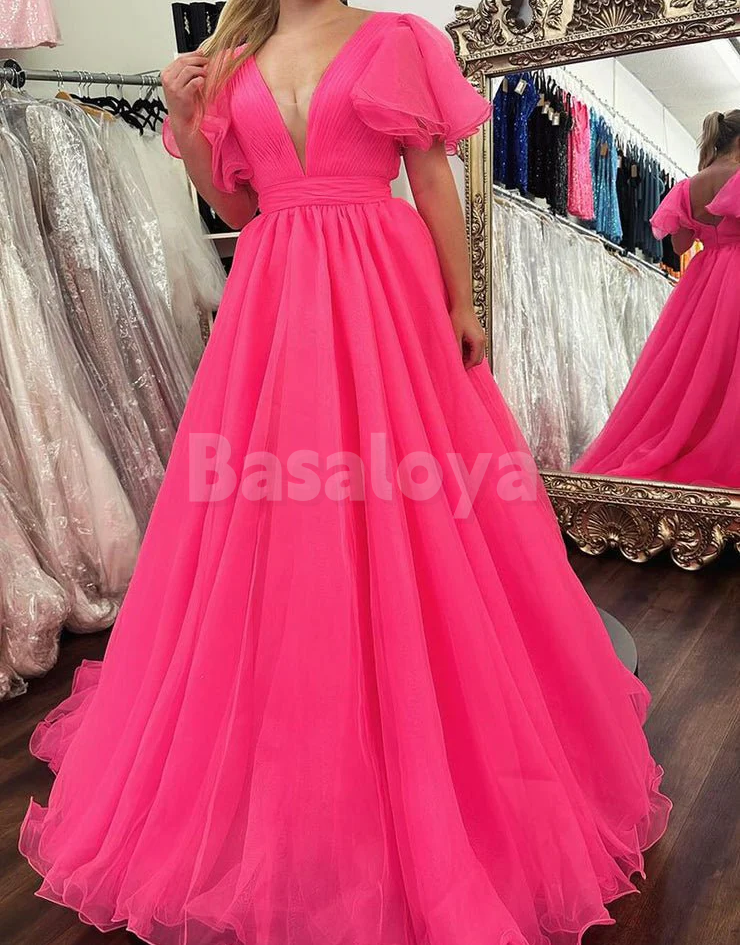 SP0183 Classic Orange A-Line V-Neck Cap Sleeves Pleats Prom Dresses