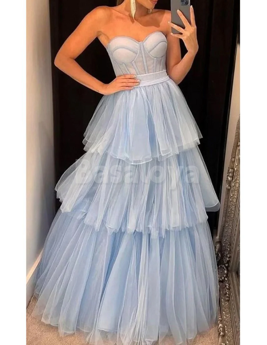 SP0219 Graceful Baby Blue Sweetheart A-Line Tiered Party Prom Dress