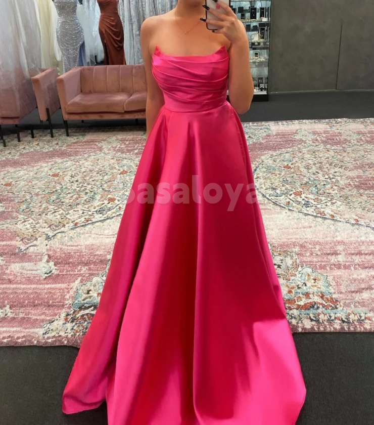 SP0169 Simple Yellow Strapless A-Line Pleated Long Prom Dress Formal Gown