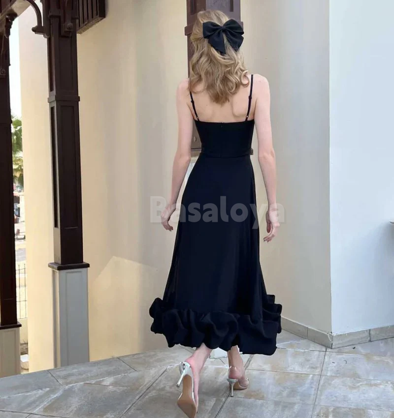 SP0223 Elegant White Spaghetti Straps A-Line Midi Prom Dress with Ruffles