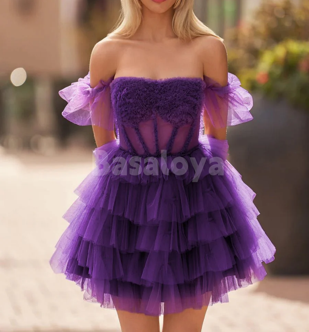 HM0036 Graceful Purple Off-Shoulder A-Line Tiered Lace Homecoming Gown