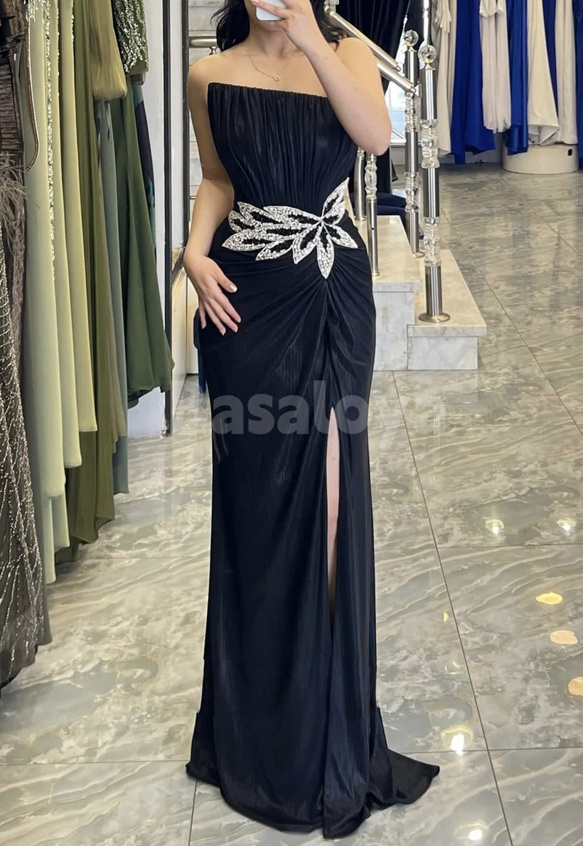 ED0070 Luxury Beaded Pink Strapless Evening Dress Party Gown with Slit