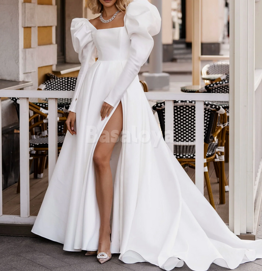 WD0143 Gorgeous White Square Neck Long Sleeves A-Line Wedding Dress