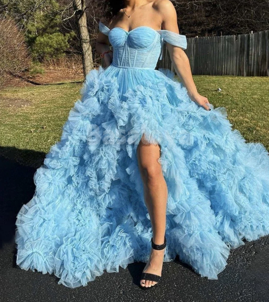 SP0193 Glamorous White Off-Shoulder A-Line Tiered Ball Gown Prom Dress