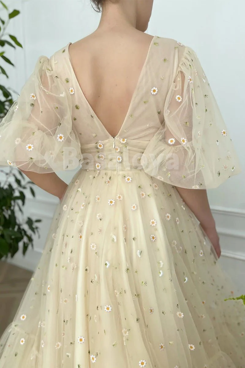 SP0200 Gorgeous Champagne A-Line V-Neck Half Sleeves Prom Dress