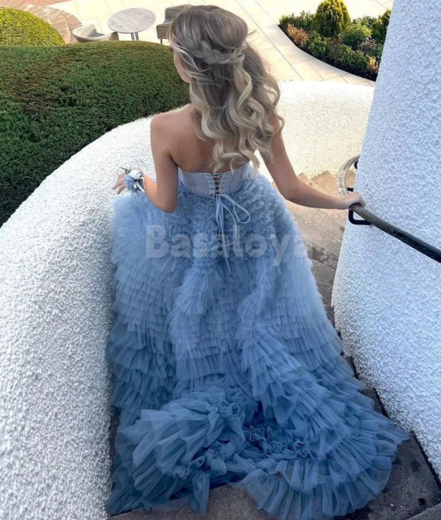 SP0186 Elegant Blue Sweetheart A-Line Tiered Lace Ball Gown Prom Dress