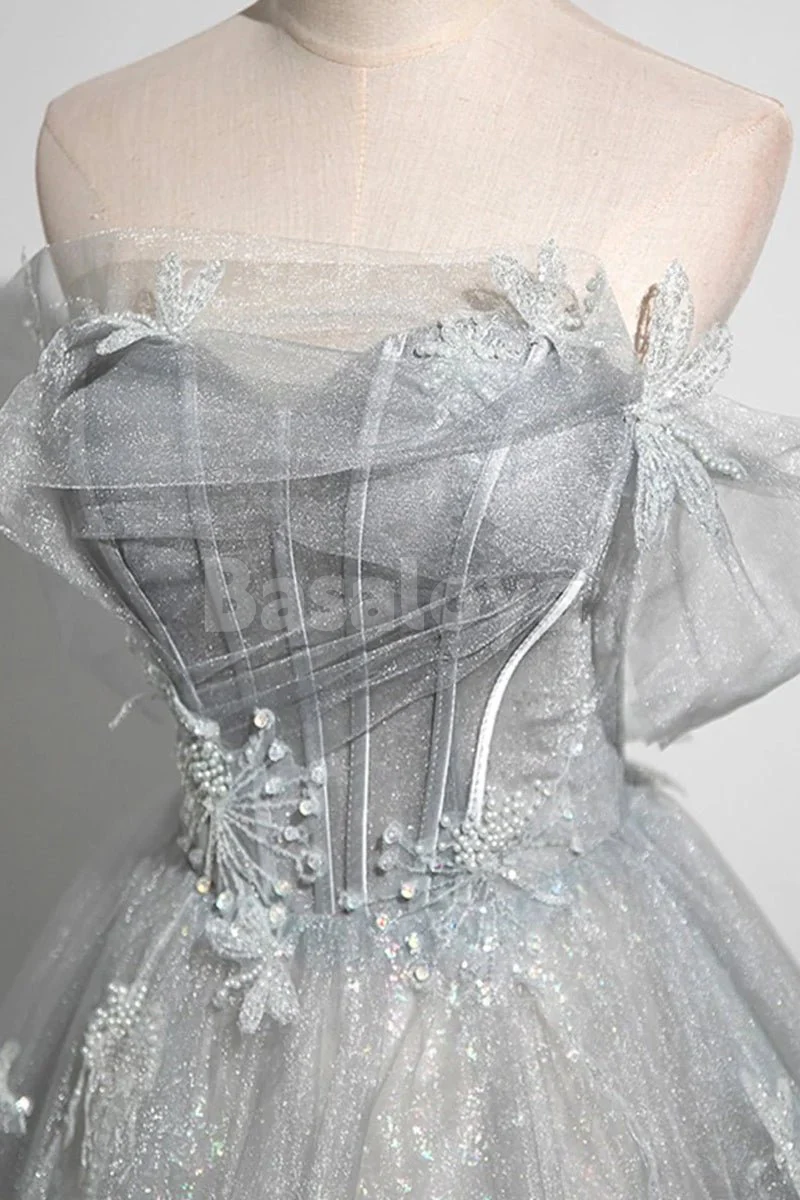 SP0168 Luxury Silver Tube Top A-Line Appliques Ball Gown Prom Dress with Pearls