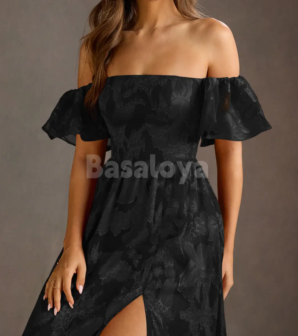 SP0245 Gorgeous Black A-Line Short Sleeves Pleats Prom Formal Dress with Slit