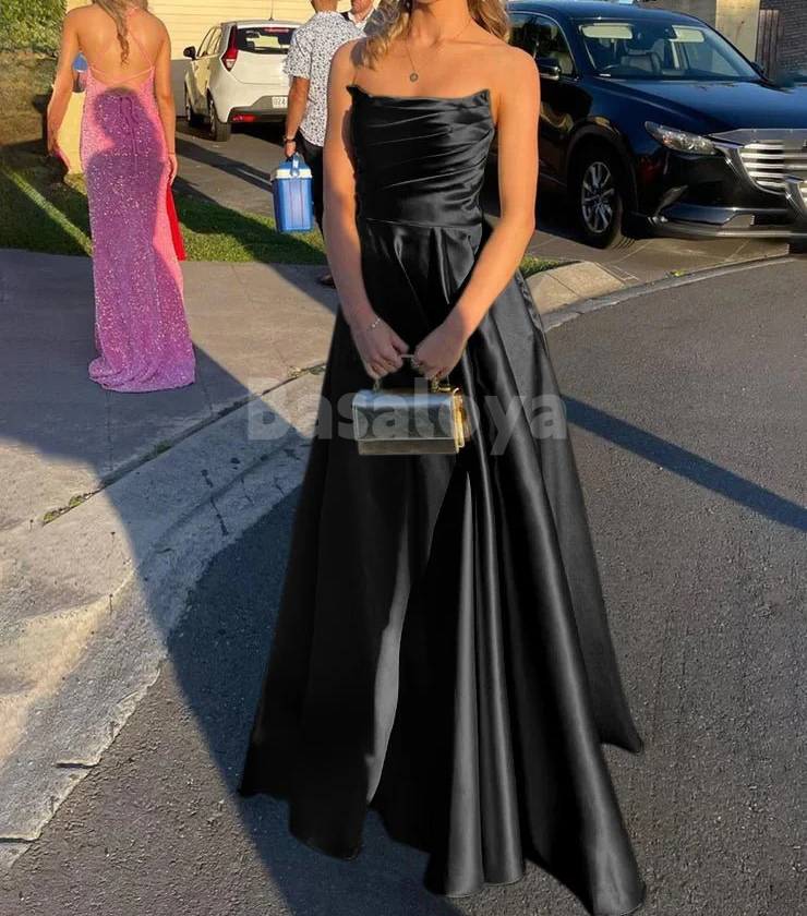 SP0169 Simple Yellow Strapless A-Line Pleated Long Prom Dress Formal Gown