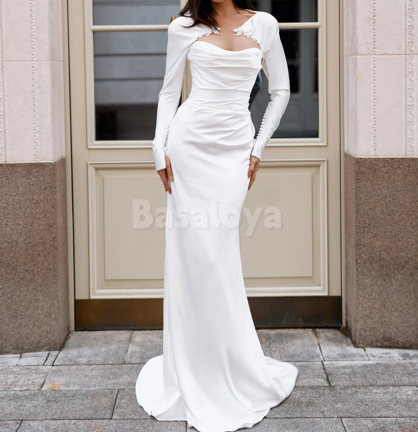 WD0157 Elegant White Long Sleeves Sheath Satin Wedding Dress Bridal Gown