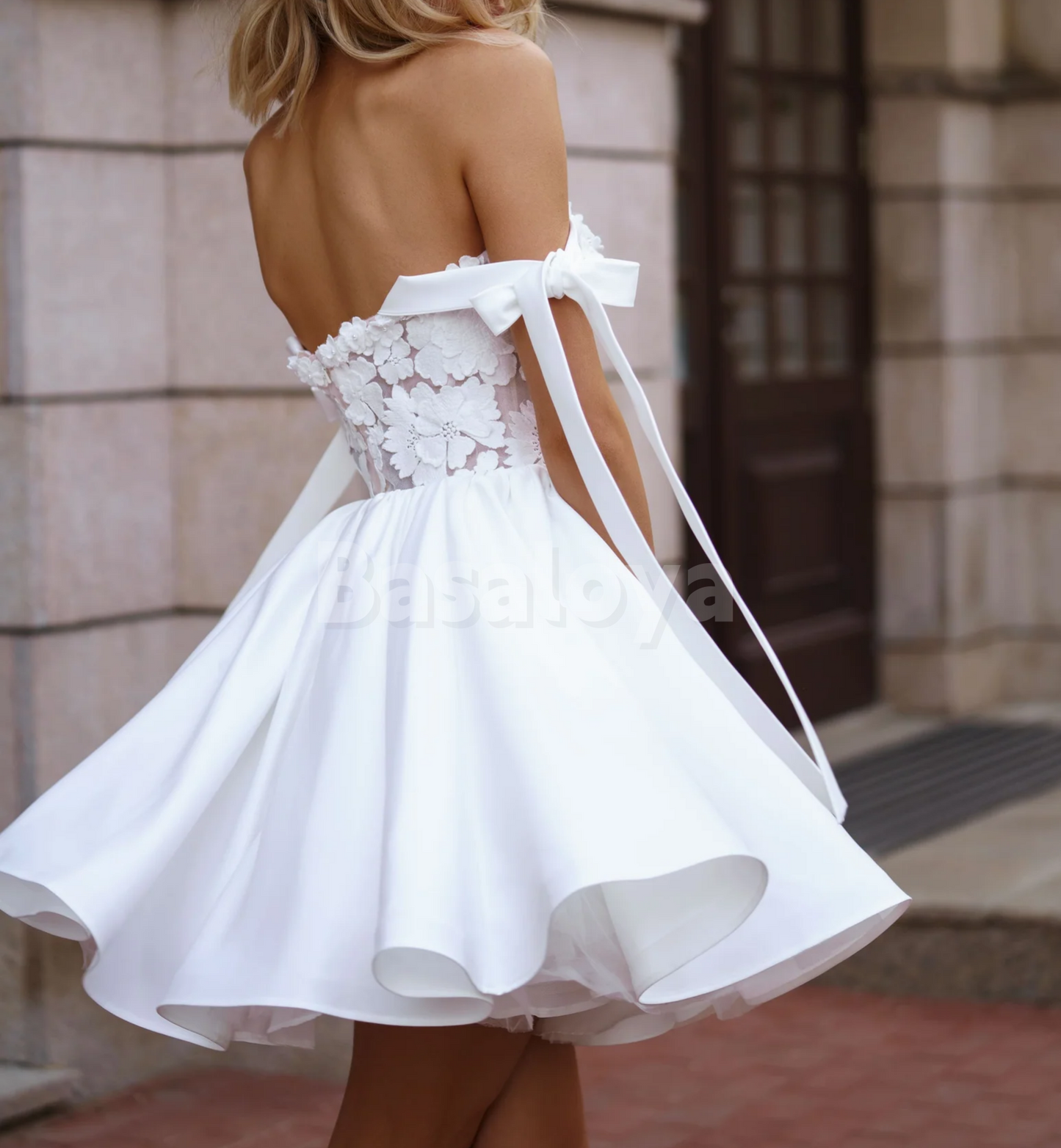 WD0167 Luxury 3D Floral White Off-Shoulder A-Line Short Boho Wedding Dress
