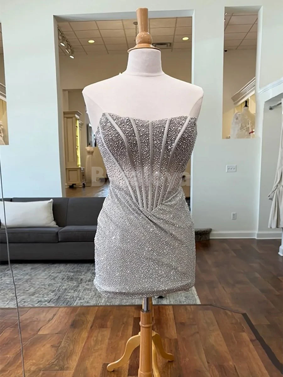 HM0021 Sparkly Beaded Fuchsia Strapless Bodycon Mini Homecoming Dress