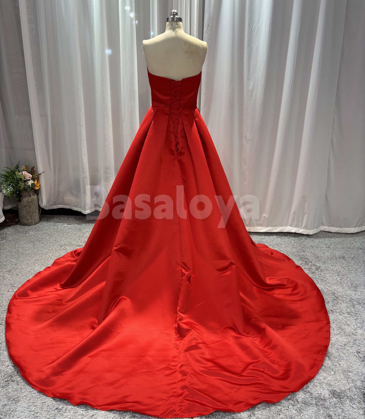 SP0166 Elegant Red V-Neck A-Line Side Slit Prom Evening Dress with Train