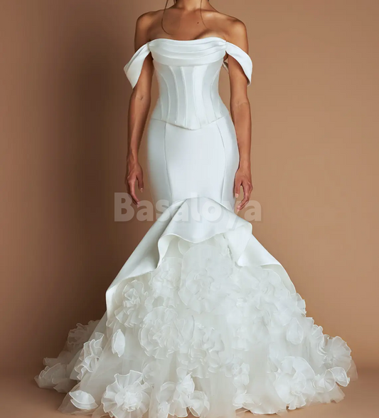 SP0267 Luxury White Off Shoulder Mermaid Prom Dress with Pleated Train