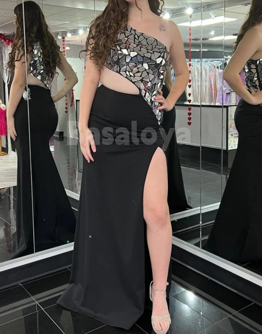 SP0179 Elegant Rinestone Royal Blue One Shoulder Bodycon Prom Dress with Slit
