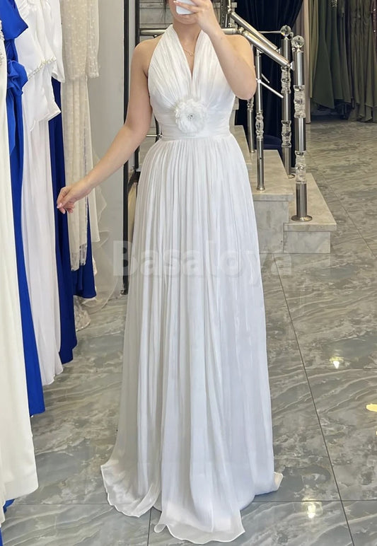 ED0071 Elegant White 3D Pearls Floral Halter A-Line Chiffon Evening Gown