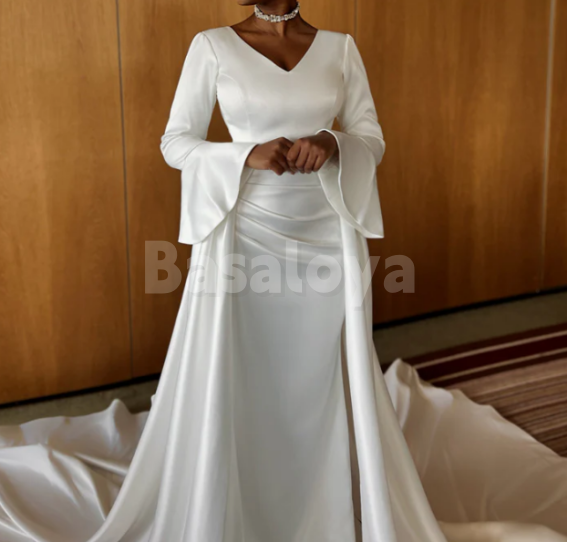 WD0179 Graceful White Long Sleeves V-Neck Sheath Wedding Dress with Overskirt
