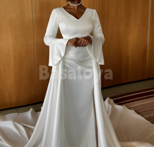 WD0179 Graceful White Long Sleeves V-Neck Sheath Wedding Dress with Overskirt