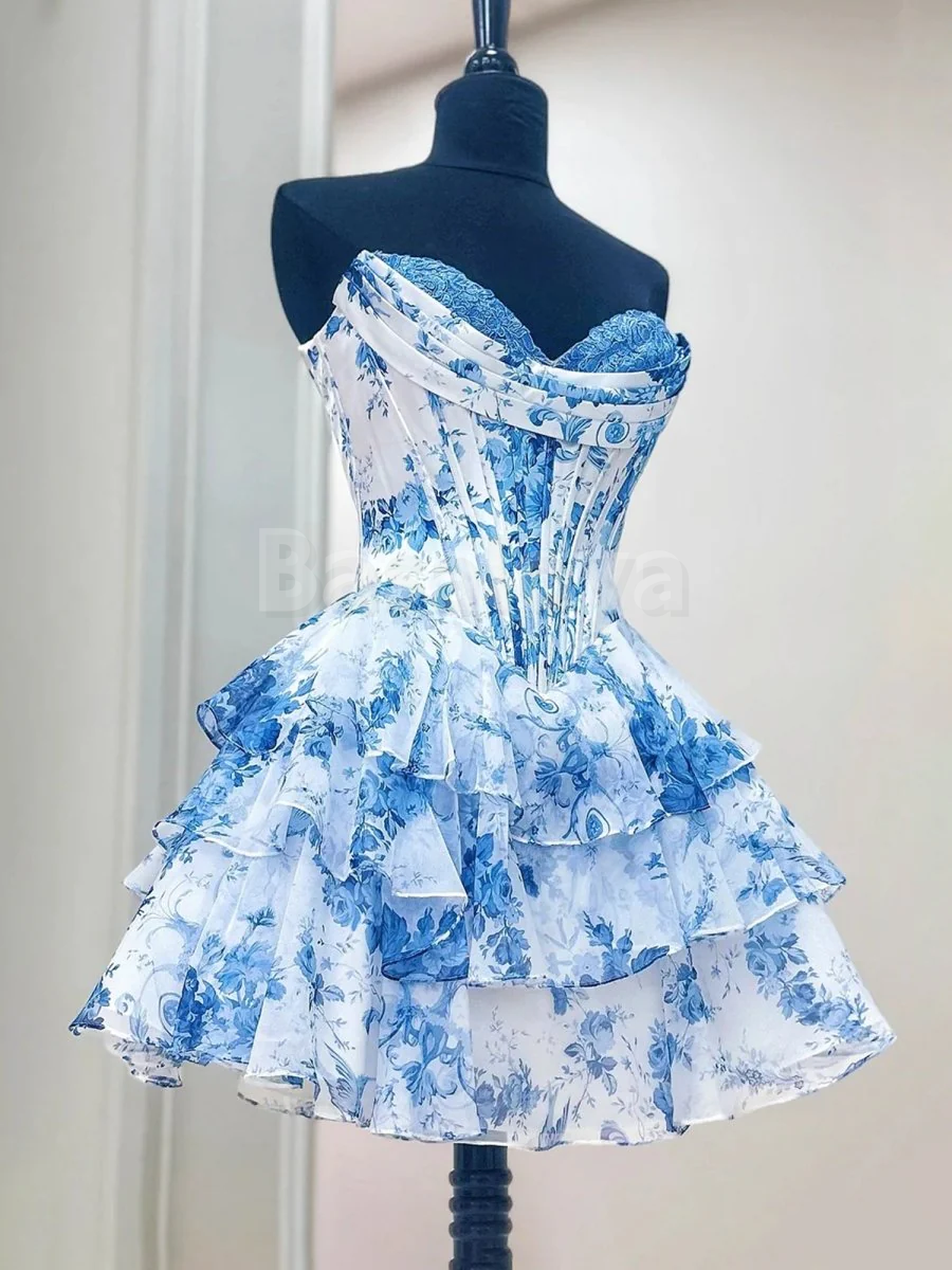 HM0007 Graceful Blue Printed Sweetheart A-Line Tiered Homecoming Dress