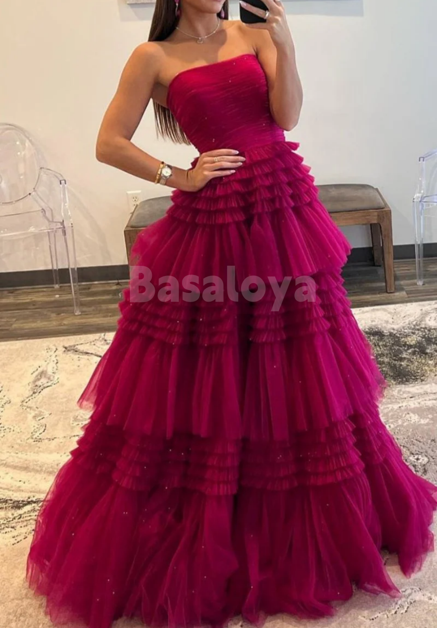 SP0145 Elegant Beige Strapless A-Line Tiered Lace Ball Gown Prom Dress with Slit