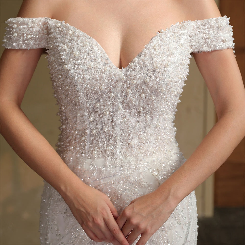 WD0050 Romantic Pearls White Off Shoulder Mermaid Wedding Gowns