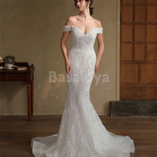 WD0050 Romantic Pearls White Off Shoulder Mermaid Wedding Gowns