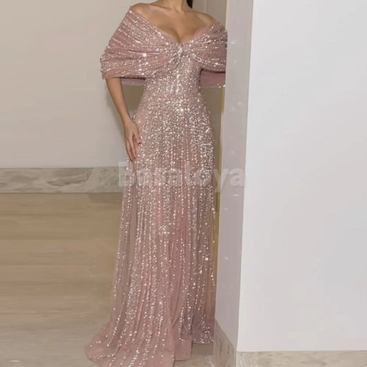 ED0002 Stunning Pink Beaded Off-Shoulder Straight Lace Evening Dress with Train