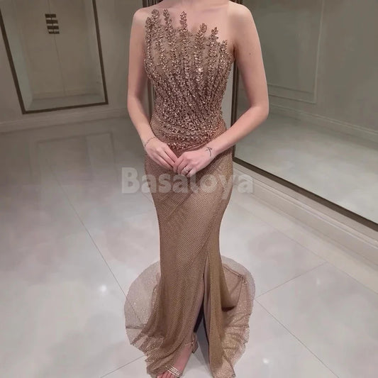 ED0003 Elegant Camel Asymmetrical Sheath Tulle Evening Dress with Crystal