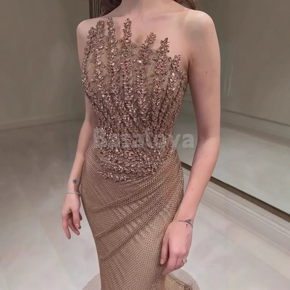 ED0003 Elegant Camel Asymmetrical Sheath Tulle Evening Dress with Crystal