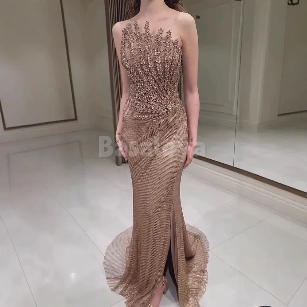 ED0003 Elegant Camel Asymmetrical Sheath Tulle Evening Dress with Crystal