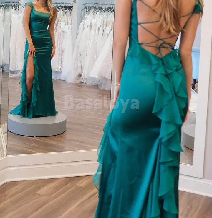 BM0005 Classic Green Cap Sleeves Sheath Ruffled Slit Bridesmaid Dress