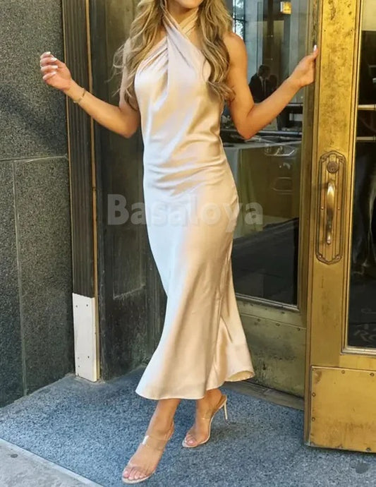 BM0007 Simple Champagne Cross Neck Sheath Maxi Dress Bridesmaid Gown