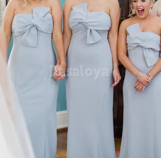 BM0008 Elegant Blue Strapless Sheath Satin Prom Dress Bridesmaid Gown