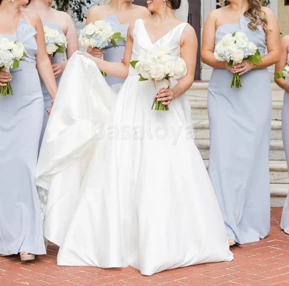 BM0008 Elegant Blue Strapless Sheath Satin Prom Dress Bridesmaid Gown