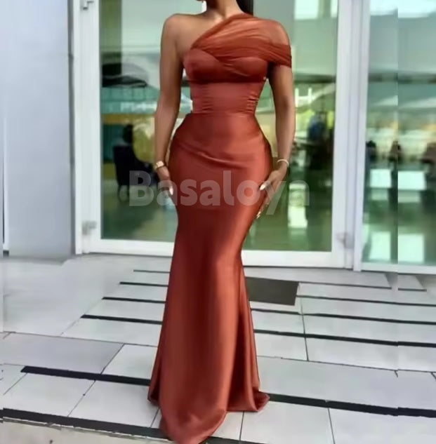 BM0011 Elegant Brown One Shoulder Mermaid Long Bridesmaid Dresses