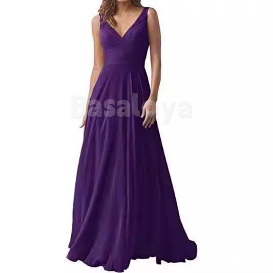 BM0012 Classic Purple V-Neck A-Line Chiffon Bridesmaid Dress Maxi Dress