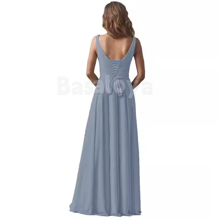 BM0012 Classic Purple V-Neck A-Line Chiffon Bridesmaid Dress Maxi Dress