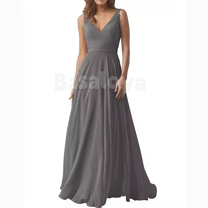 BM0012 Classic Purple V-Neck A-Line Chiffon Bridesmaid Dress Maxi Dress