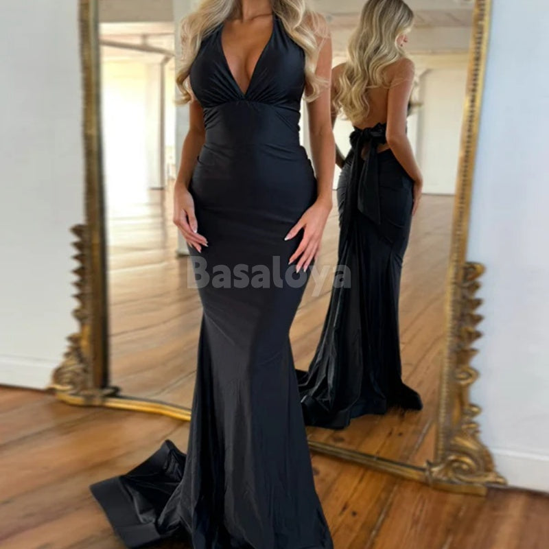 SP0010 Blue Bow Sexy V-Neck Mermaid Open Back Satin Prom Dress with Train