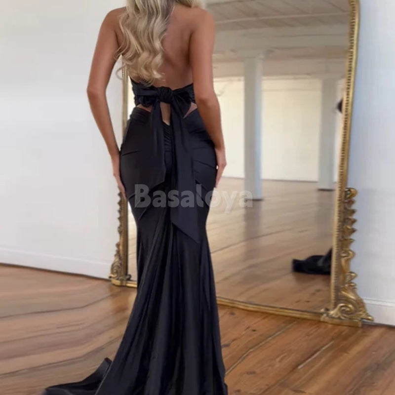 SP0010 Blue Bow Sexy V-Neck Mermaid Open Back Satin Prom Dress with Train