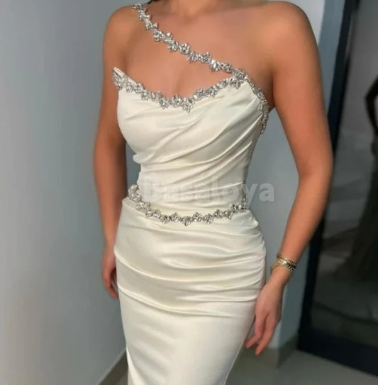 SP0017 Luxury White Asymmetrical Mermaid Beaded Satin Evening Prom Dress with Train