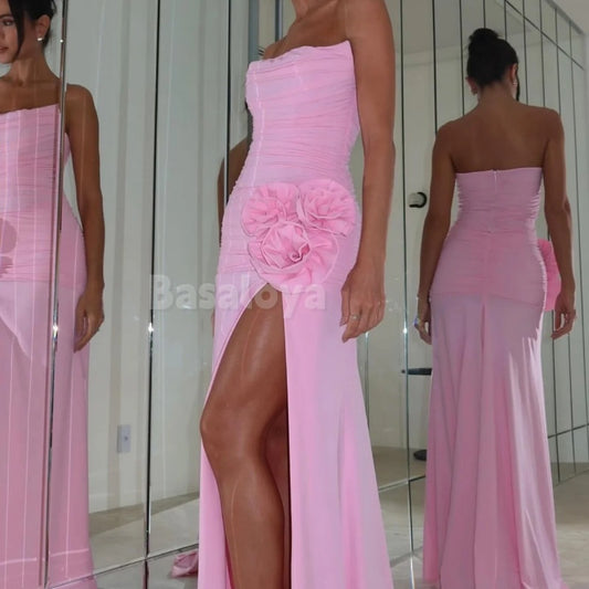 SP0018 Elegant Pink 3D Floral Strapless Sheath Long Prom Dress with Slit