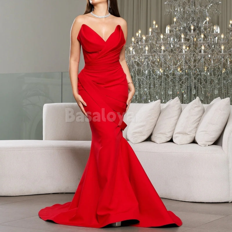 SP0020 Elegant Red Sweetheart Mermaid Satin Long Prom Dress Formal Gown