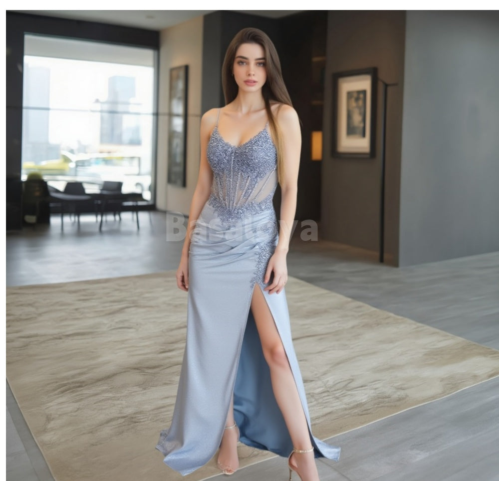 SP0007 Luxury Blue Scoop Neck Sheath Appliques Prom Evening Dress with Beads