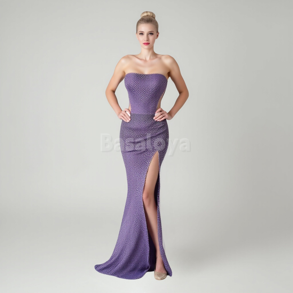 SP0003 Light Purple Strapless Sheath Tulle Prom Dress with High Slit Party Gown