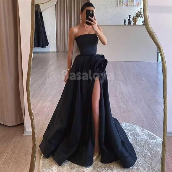 SP0001 Elegant 3D Floral Black Strapless A-Line Satin Prom Evening Dress with Slit